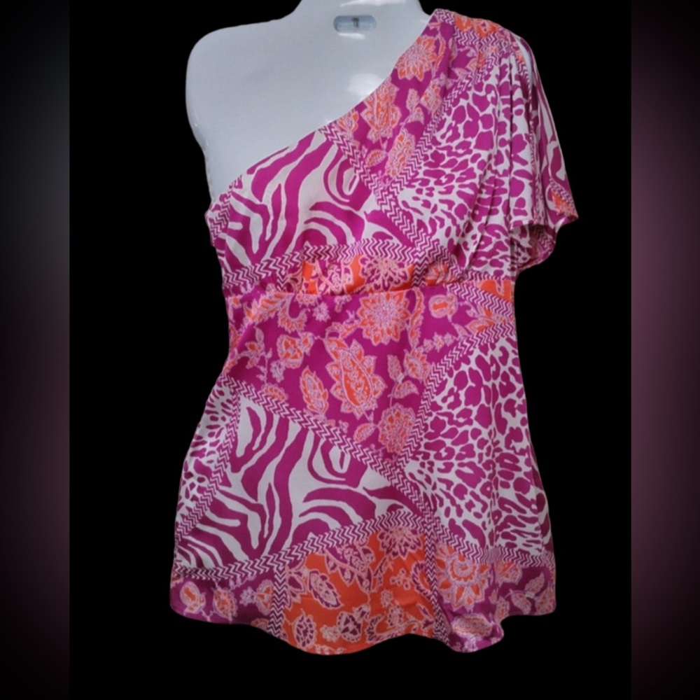 Cache sz Small Silk Deep Orange‎ & Magenta Paisley One Shoulder Top